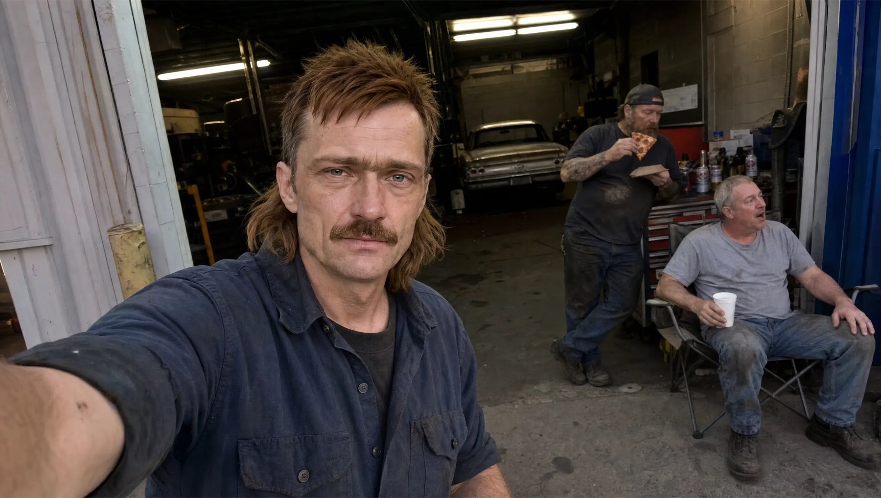 Darren “Daz” Krawczyk taking a selfie outside the mechanic shop with coworkers
